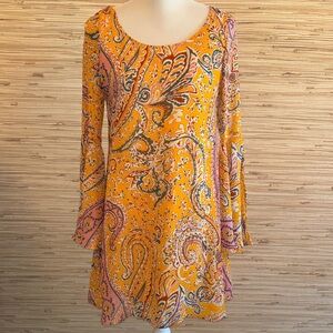 Pink Owl mustard, pink, white, & blue Paisley Bell Sleeve Dress Lined medium EUC